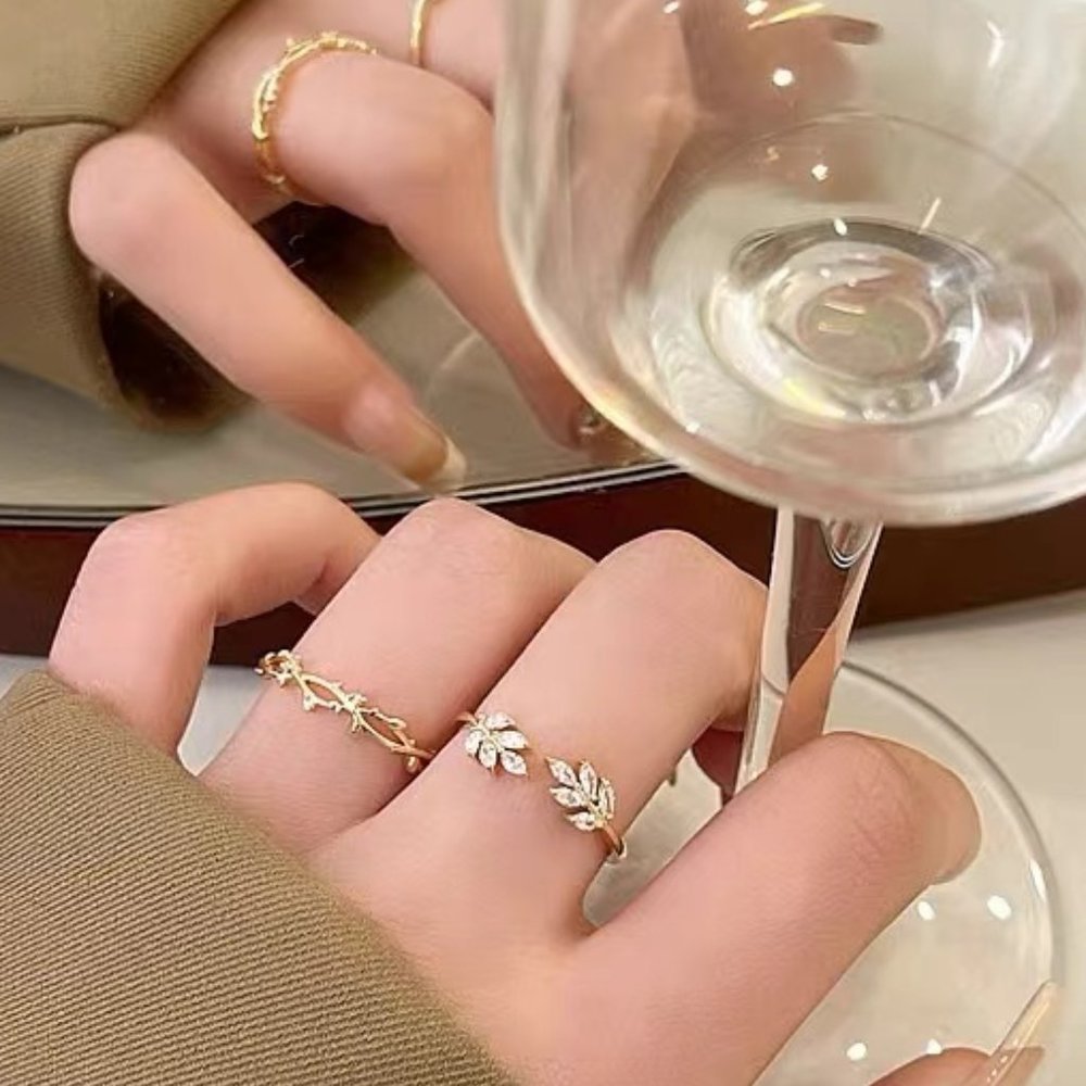 Zircon leaf ring female fashion personality